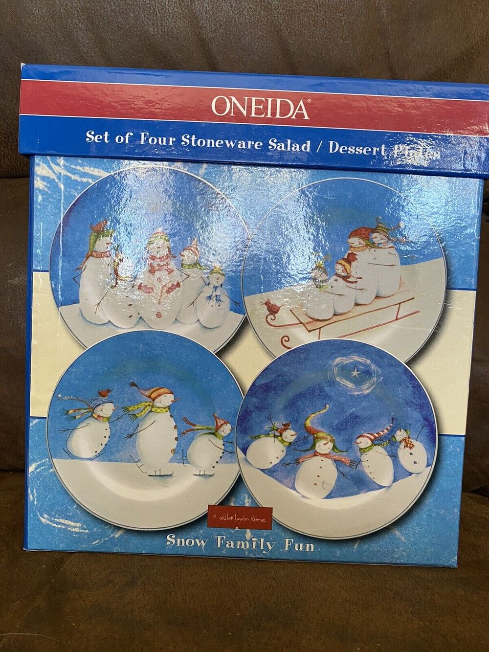 Oneida Snow Family Fun Debbie Taylor Kerman Snowman Dessert Plate Set 4 NIB